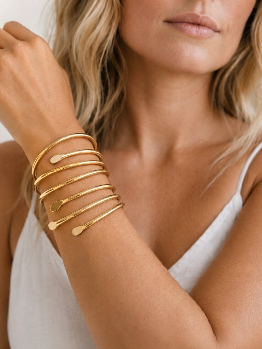 Set Of 5 14k Gold Plated Adjustable Stackable Bangle Bracelets